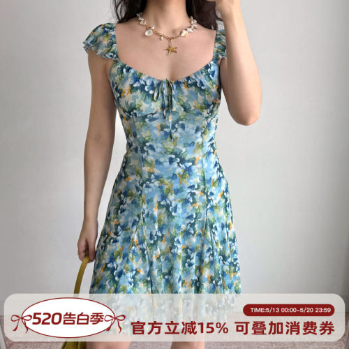 Go Girl Go 自制欧美风油画印花小飞袖蓝色连衣裙a字裙女海边穿搭