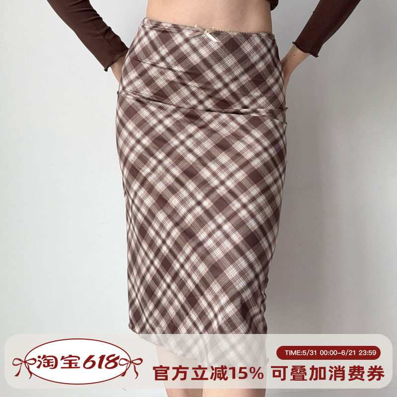 Go Girl Go 自制复古欧美风咖色格纹高腰包臀半身裙修身中长款