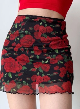 Go Girl Go 自制复古欧美玫瑰印花网纱半身裙高腰包臀短裙女A字裙