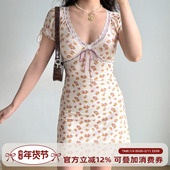 V领短裙 连衣裙女夏季 Girl 自制欧美风蕾丝拼接系带印花短袖