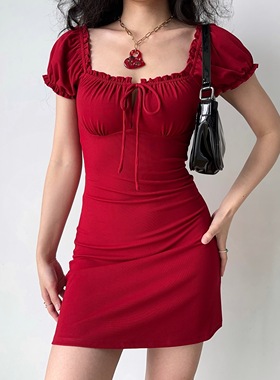 Go Girl Go 自制法式复古红色方领绑带连衣裙泡泡袖修身包臀短裙
