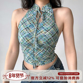 Go自制新中式 Girl 复古格子小立领挂脖背心女夏性感露背短上衣