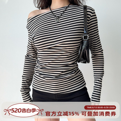 Go Girl Go 自制欧美风条纹T恤斜肩上衣女修身长袖打底衫辣妹上衣