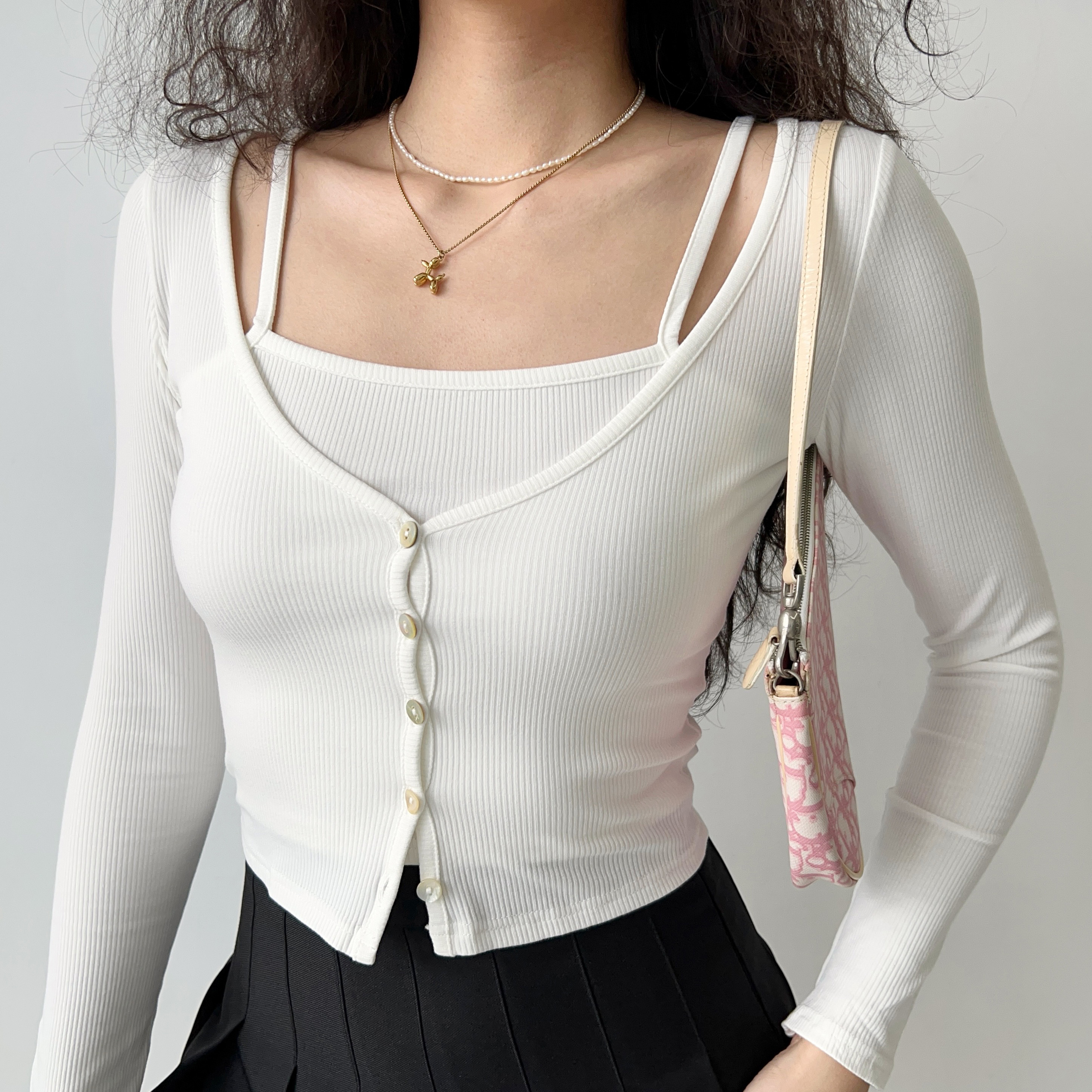 欧美风修身款假两件长袖T恤女