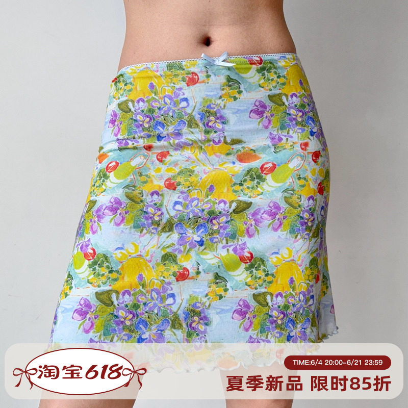 Go Girl Go 自制复古欧美风油画印花网纱半身裙女夏修身包臀短裙
