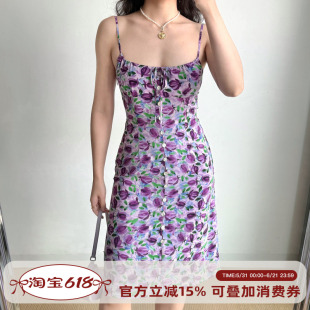 Go Girl Go 自制法式复古紫色郁金香印花吊带裙修身连衣裙中长款