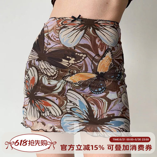 欧美风印花网纱半身裙短裙