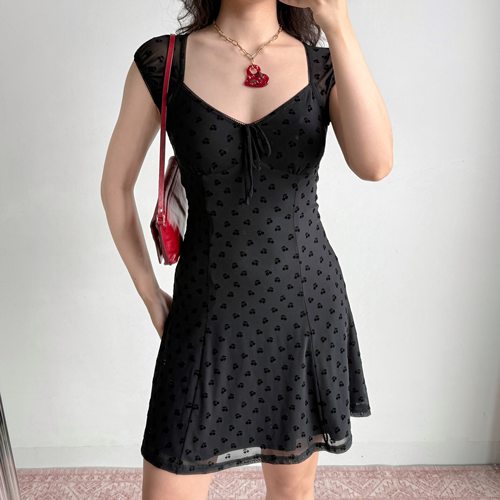 Go Girl Go 自制美式复古樱桃黑色短袖连衣裙女夏季修身显瘦a字裙