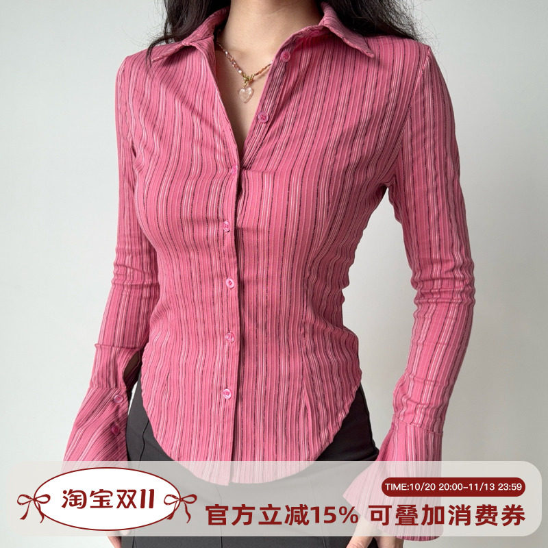 Go Girl Go 自制美式复古粉色条纹长袖衬衫上衣女修身收腰衬衣
