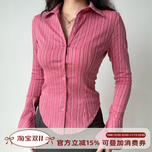 Go Girl Go 自制美式复古粉色条纹长袖衬衫上衣女修身收腰衬衣