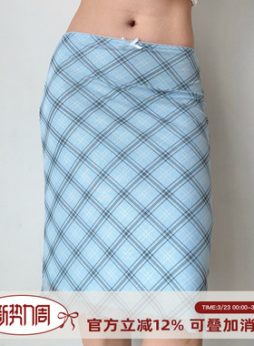 Go Girl Go 自制欧美风蓝色格子网纱半身裙女夏季松紧腰包臀裙子