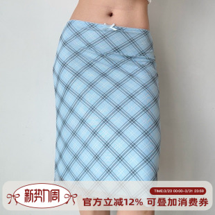 松紧腰包臀裙子 自制欧美风蓝色格子网纱半身裙女夏季 Girl