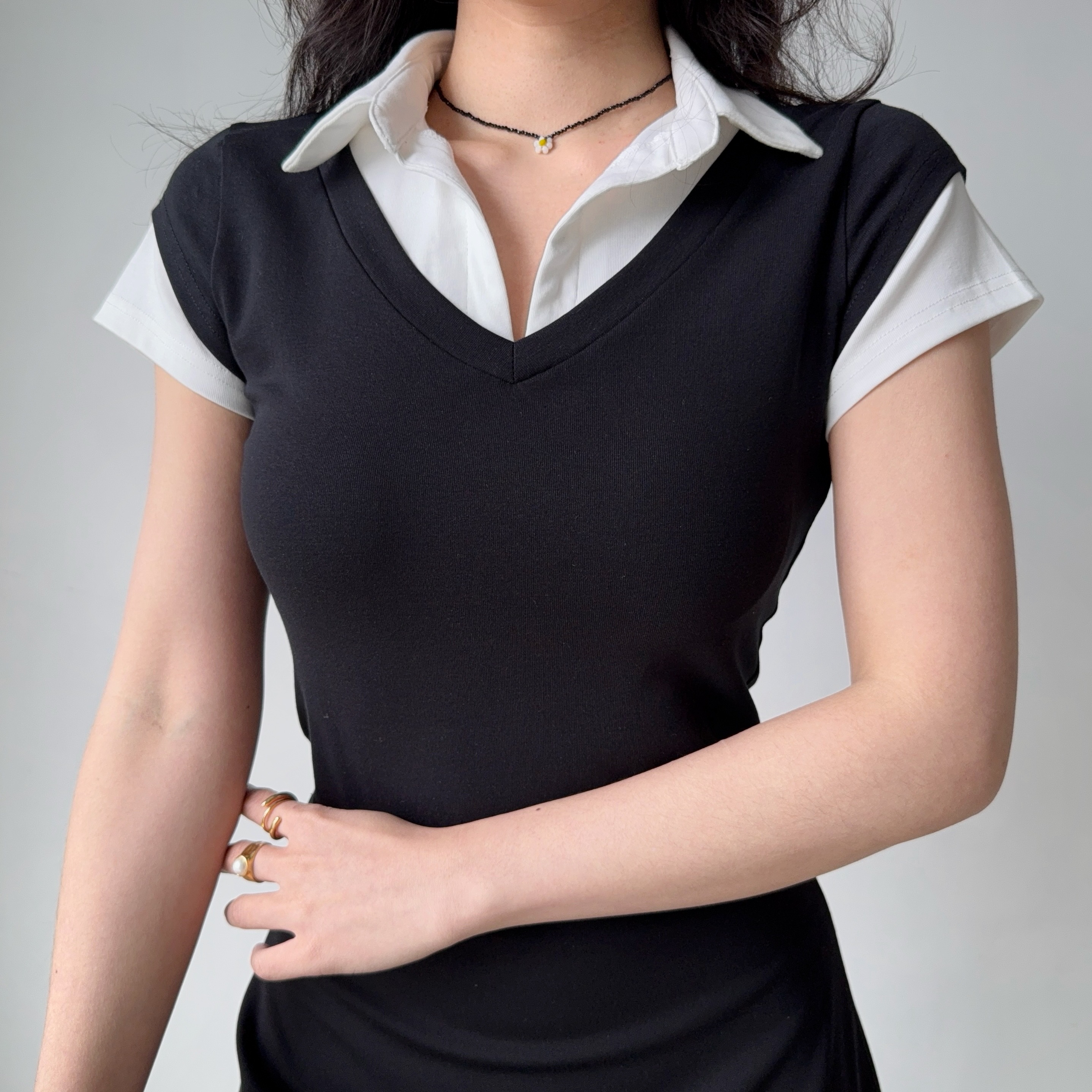 Go Girl Go 自制美式复古设计感假两件翻领短袖T恤女修身短款上衣