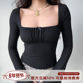 黑色正肩T恤女 显瘦方领长袖 Girl 自制欧美风立体剪裁修身