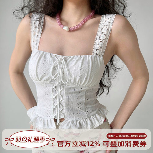 Go Girl Go自制欧美风镂空花纹绑带设计吊带背心女夏宽肩带短上衣