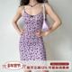 Go自制欧美风紫色碎花吊带裙女夏修身 Girl 性感低胸露背连衣裙