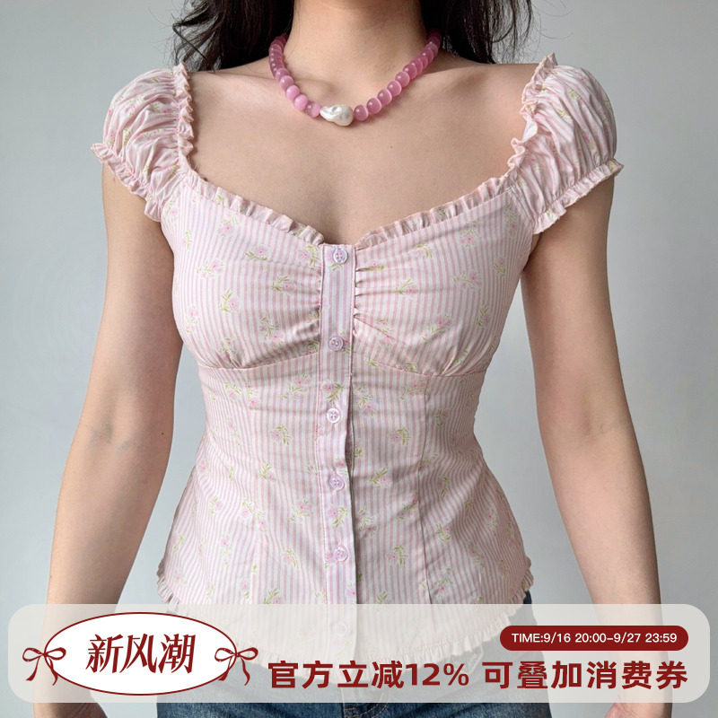GoGirlGo法式粉色泡泡袖上衣女图片