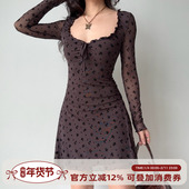 自制欧美风植绒网纱U领长袖 Girl 连衣裙不规则a字短裙女秋