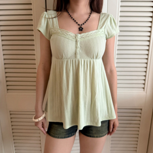 Go Girl Go 自制欧美风蕾丝花边方领短袖上衣女夏季宽松A字娃娃衫