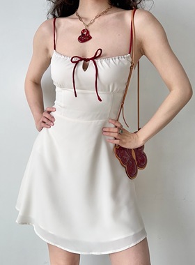 Go Girl Go 自制欧美风绑带白色吊带裙女夏修身收腰连衣裙a字短裙