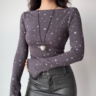 显瘦五角星印花长袖 自制欧美风修身 T恤女船领辣妹上衣 Girl