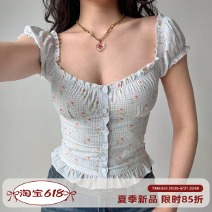 Go Girl Go 自制欧美风碎花格子方领泡泡袖衬衫女修身短款上衣