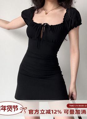 Go Girl Go 自制美式复古胸前镂空系带泡泡袖黑色连衣裙女A字短裙