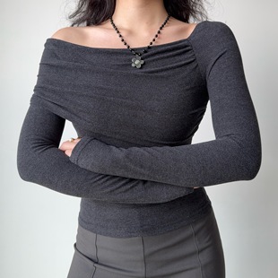 T恤女修身 欧美风斜领露肩长袖 显瘦加厚打底上衣秋冬 Girl