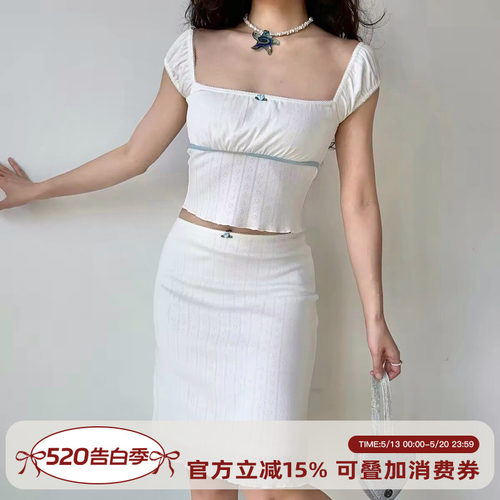 欧美风镂空白色T恤+半裙两件套装