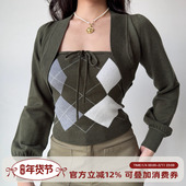 Girl 自制美式 复古菱格抹胸短款 针织开衫 两件套女辣妹上衣