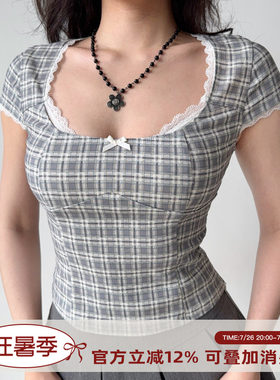 Go Girl Go 自制欧美风蕾丝拼接灰色格子短袖T恤女夏季修身上衣