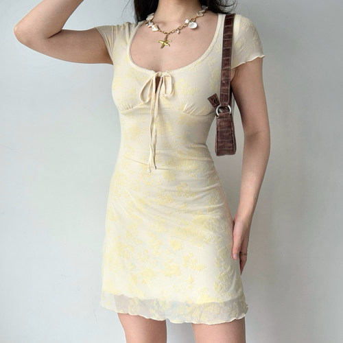 Go Girl Go 自制欧美风提花U领系带短袖连衣裙女夏季修身a字短裙