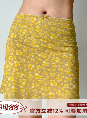 Go Girl Go 自制美式复古黄色蝴蝶印花短裙女夏季a字半身裙