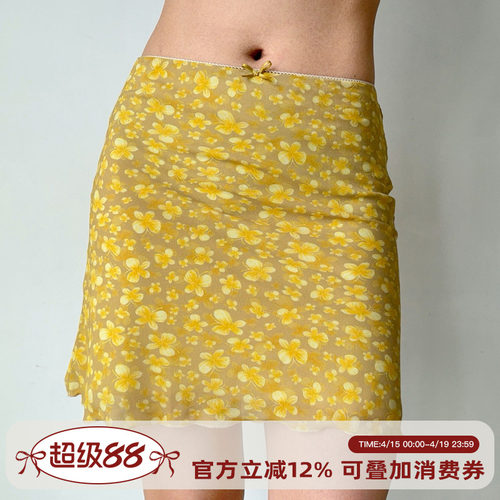 Go Girl Go 自制美式复古黄色蝴蝶印花短裙女夏季a字半身裙