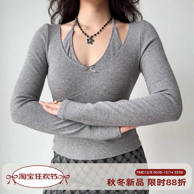 Go Girl Go 自制欧美风假两件挂脖长袖T恤女修身显瘦v领辣妹上衣