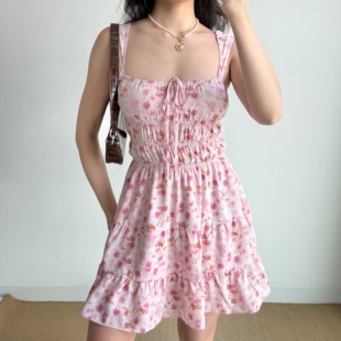 Go Girl Go 自制欧美甜辣风玫瑰印花吊带裙高腰A字裙连衣裙女夏季