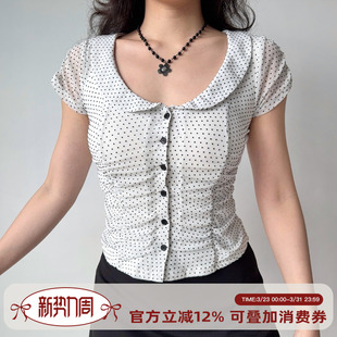 复古娃娃领白色短袖 自制法式 衬衫 女夏季 波点上衣 修身 Girl