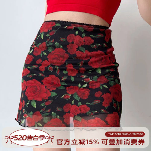 复古玫瑰印花网纱半身裙短裙女