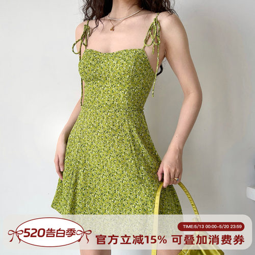 Go Girl Go 欧美风绿色碎花吊带裙系带高腰a字短裙女夏季辣妹穿搭
