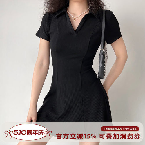 欧美风翻领短袖连衣裙