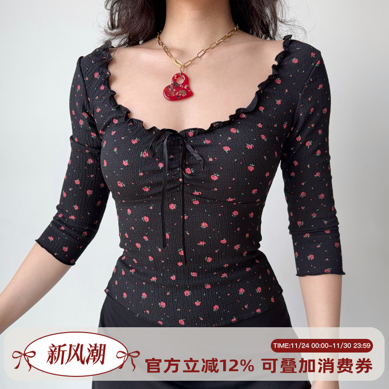 Go Girl Go 自制欧美风大U领木耳边碎花上衣黑色七分袖T恤女辣妹