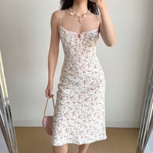 Go Girl Go 自制法式复古碎花吊带裙中长款裙子女夏修身连衣裙