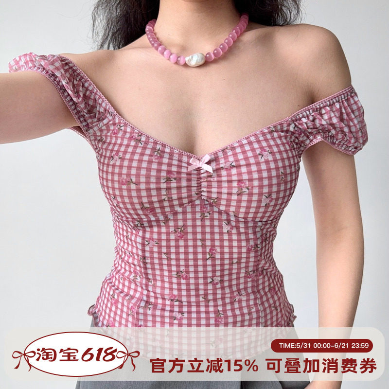 Go Girl Go 自制复古欧美风印花格子泡泡袖T恤女修身短袖辣妹上衣