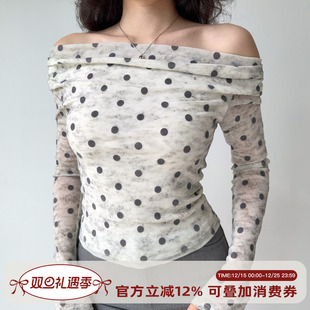 T恤女修身 波点性感一字肩上衣早秋长袖 自制法式 Girl