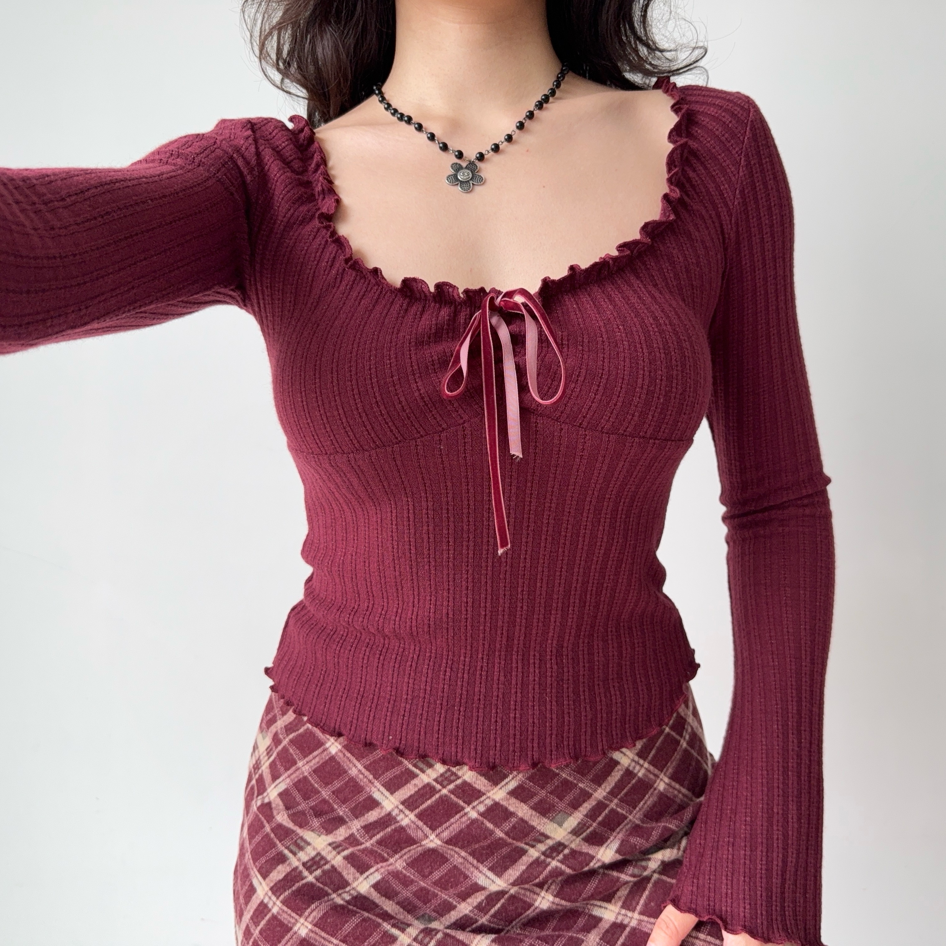 Go Girl Go 自制芭蕾风系带U领长袖T恤女秋季修身打底衫甜辣上衣