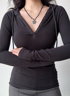 Go Girl Go 简约百搭欧美风半开领连帽长袖修身T恤打底衫女秋季