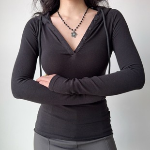 Girl 女秋季 简约百搭欧美风半开领连帽长袖 T恤打底衫 修身