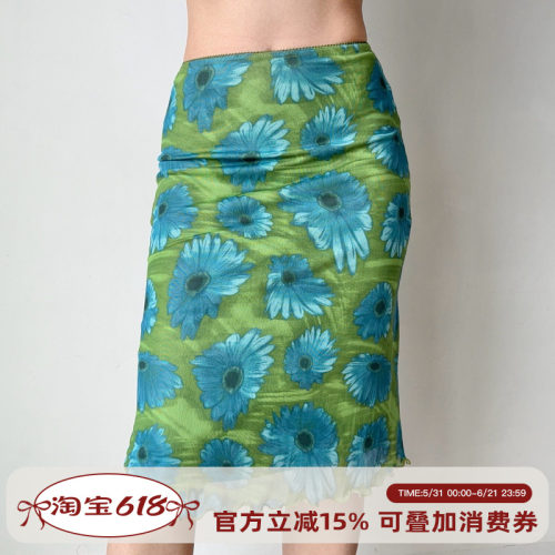 Go Girl Go 自制美式复古撞色印花网纱包臀半身裙女夏季修身裙子