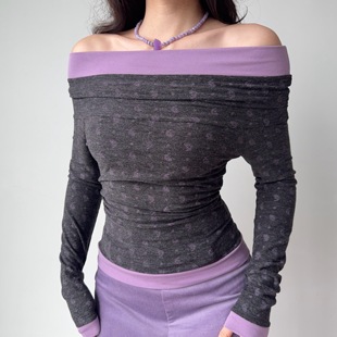 长袖 自制欧美风性感一字领上衣拼色印花修身 T恤女秋冬 Girl