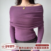 显瘦紫色毛衣 女修身 Girl 欧美风性感一字领针织衫